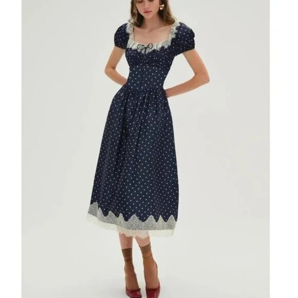 NEW FOR LOVE AND LEMONS INES POLKA DOT BLUE MIDI DRESS SIZE S - Picture 1 of 13